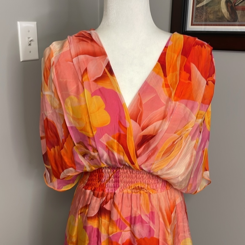 Liu Jo Pink Orange Floral Ruffle Mini Dress Silk Feminine Flowy Beach Resortwear - Picture 2 of 10